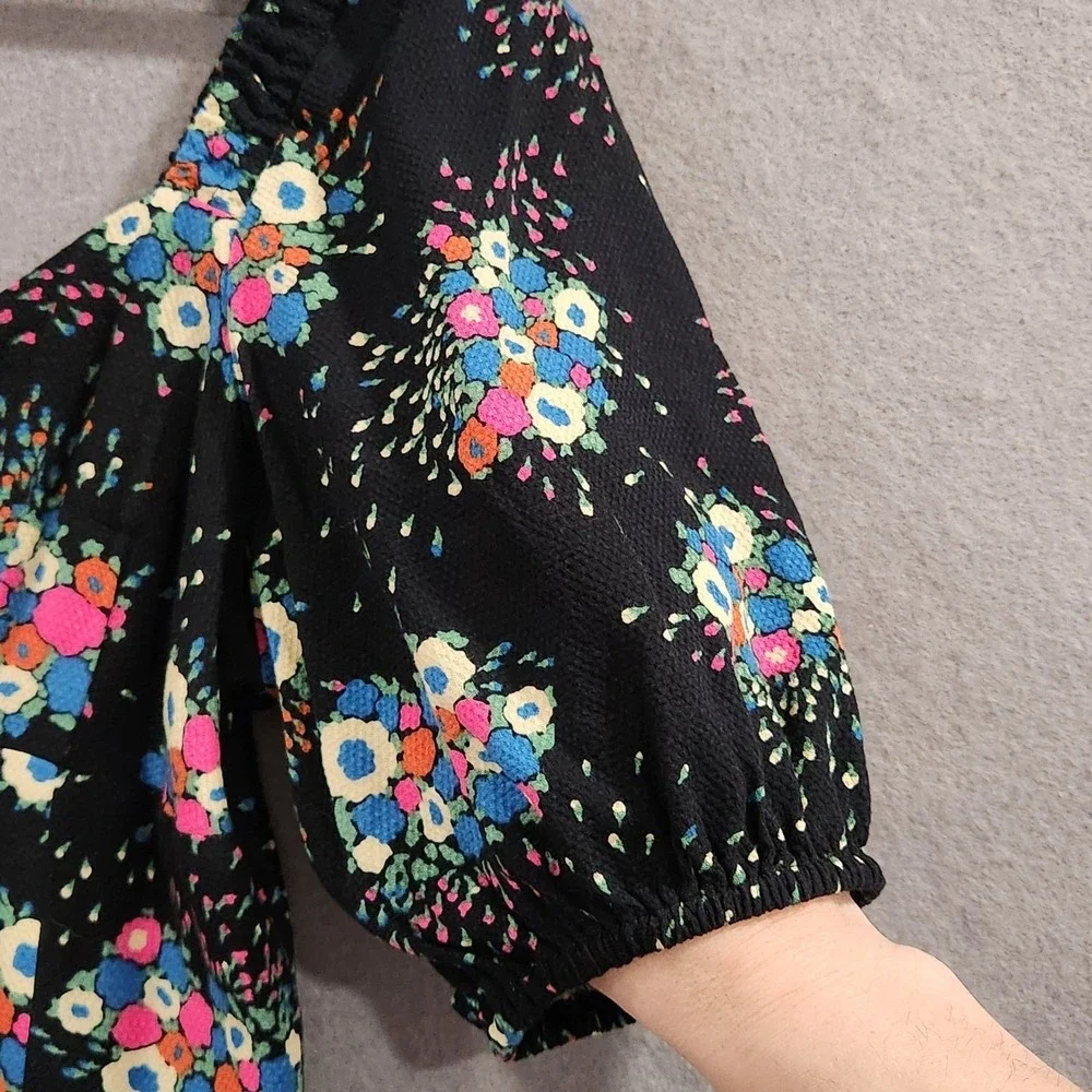 Anthropologie Floral Puff Sleeve Smocked Back Midi Dress Black Multicolor Size 4